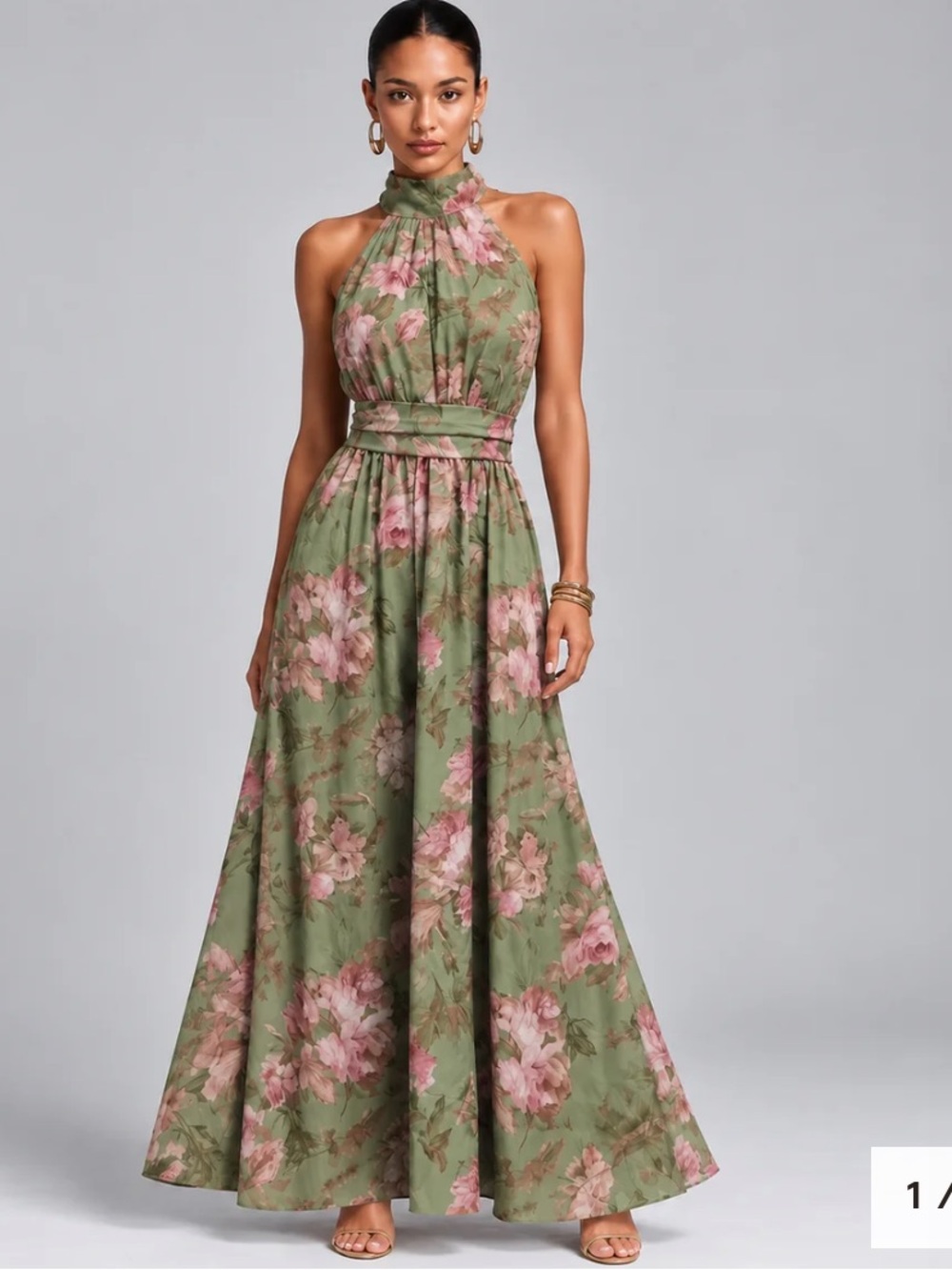 Floral High-Neck Green and Pink Maxi Dress